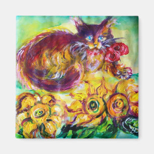 CAT MIT ROTEM BAND UND SONNENBLUMEN MAGNET