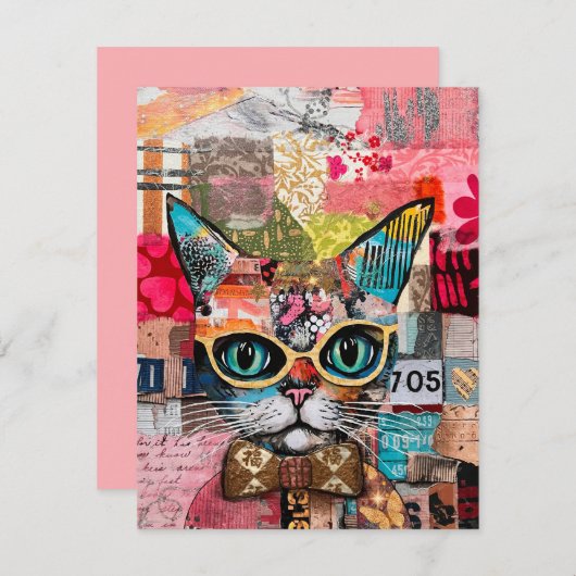 Cat Mixed Mixed Paper Collage Greeting Card Einladung (Vorne/Hinten)