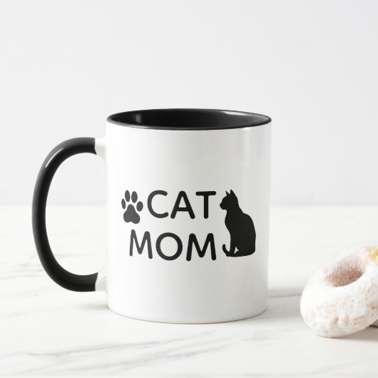 CAT MOM Coffee Mug | Black Cat Paw Print & Heart Tasse (Mit Donut)