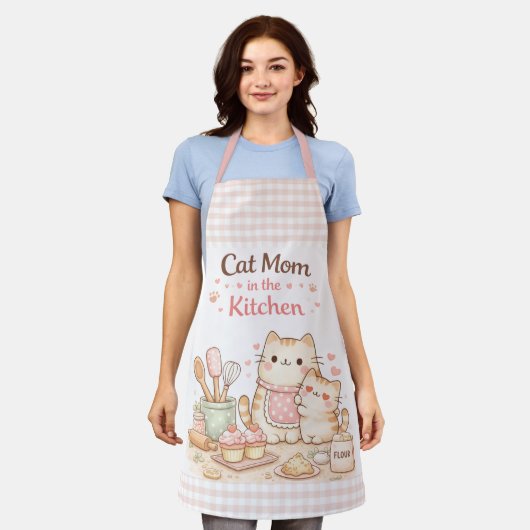 Cat Mom in the Kitchen Kawaii Pastel Gingham Pink Schürze (Getragen)