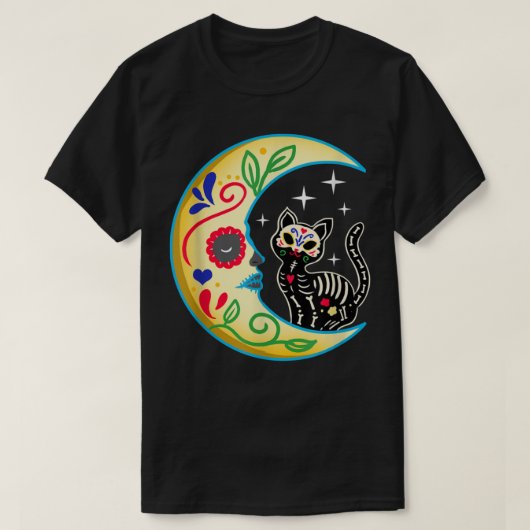 Cat & Moon Sugar Skull Dia de Los Muertos, Day of  T-Shirt (Design vorne)