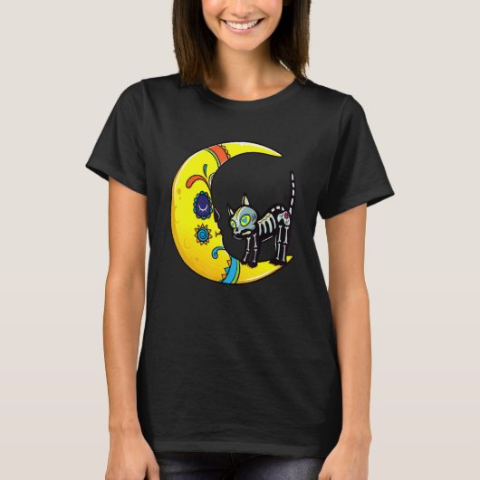 Cat & Moon Sugar Skull Dia de Los Muertos  Day Of  T-Shirt (Vorderseite)
