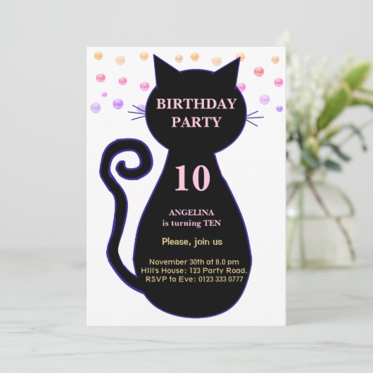 Cat & Multicolored Confetti Einladung zum Geburtst (Stehend Vorderseite)