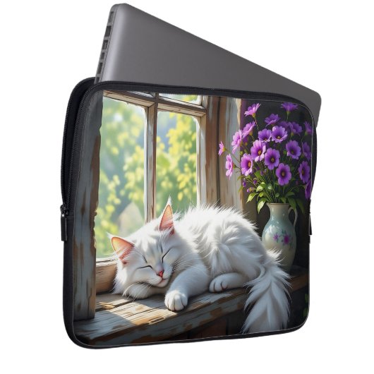 Cat Napping on the Window Sill | Purple Flowers Laptopschutzhülle (Vorne Rechts)