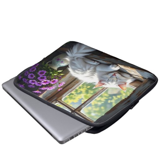 Cat Napping on the Window Sill | Purple Flowers Laptopschutzhülle (Vorne Knopf)