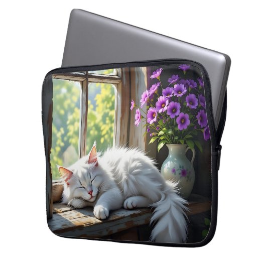 Cat Napping on the Window Sill | Purple Flowers Laptopschutzhülle (Vorderseite Links)