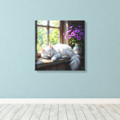 Cat Napping on the Window Sill | Purple Flowers Leinwanddruck (Insitu (Holzboden))