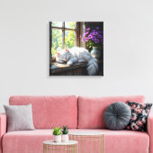 Cat Napping on the Window Sill | Purple Flowers Leinwanddruck (Insitu (Wohnzimmer))