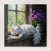 Cat Napping on the Window Sill | Purple Flowers Puzzle (Vertikal)