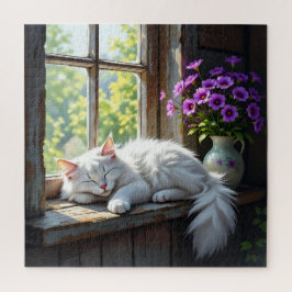 Cat Napping on the Window Sill | Purple Flowers Puzzle