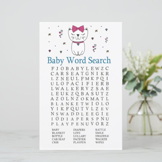 Cat oder Kitten Baby Dusche Word Search Game (Stehend Vorderseite)