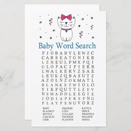 Cat oder Kitten Baby Dusche Word Search Game (Vorne/Hinten)