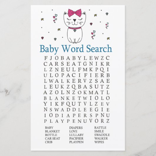 Cat oder Kitten Baby Dusche Word Search Game (Vorderseite)