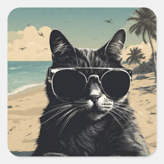 Cat on Beach - Hochwertiges Design Quadratischer Aufkleber