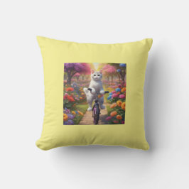 Cat on Bicycle in farbenfroher Blume Szene Kissen