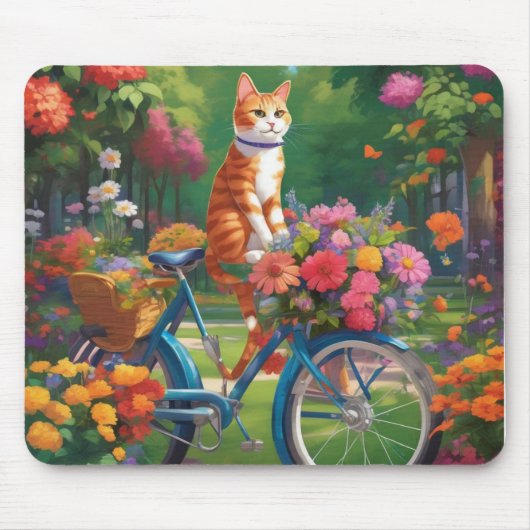 Cat On Bicycle mit farbigen Blume Maus Pad Mousepad (Vorne)