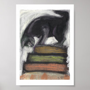 Cat on Books - Print of Original Pastel Painting Poster