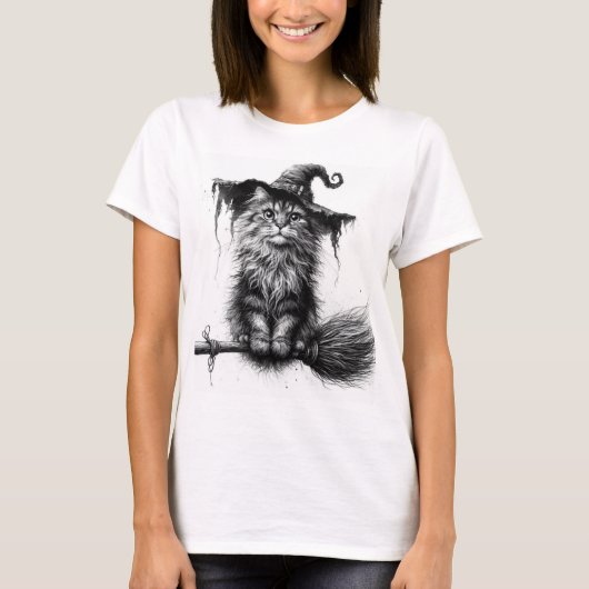 Cat on Broomstick T-Shirt (Vorderseite)