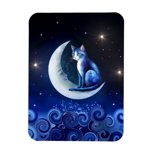 Cat on Crescent Moon blue Cat 773 Magnet (Vertikal)