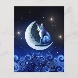 Cat on Crescent Moon blue Cat 773 Postkarte