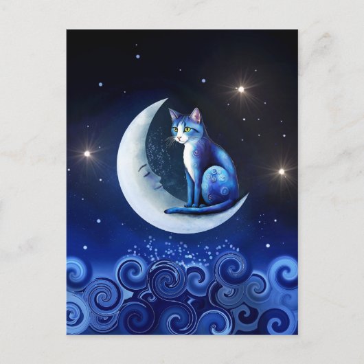 Cat on Crescent Moon blue Cat 773 Postkarte (Vorderseite)