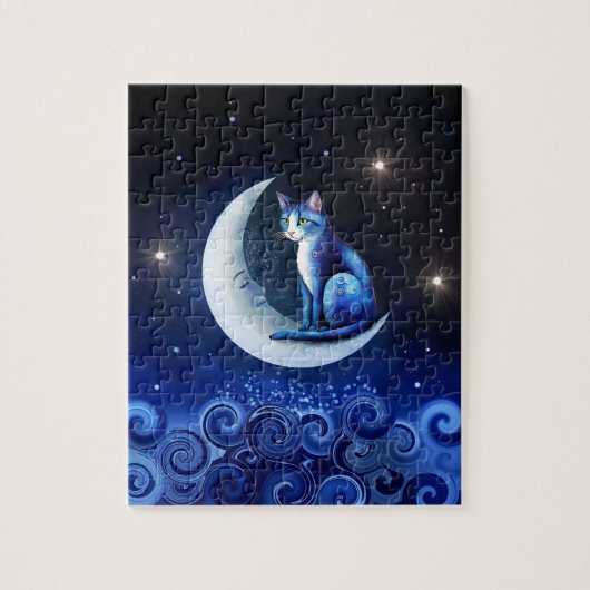 Cat on Crescent Moon blue Cat 773 Puzzle (Vertikal)