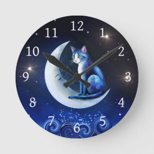Cat on Crescent Moon blue Cat 773 Runde Wanduhr