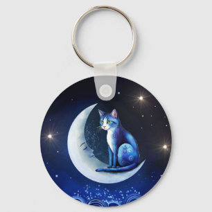 Cat on Crescent Moon blue Cat 773 Schlüsselanhänger