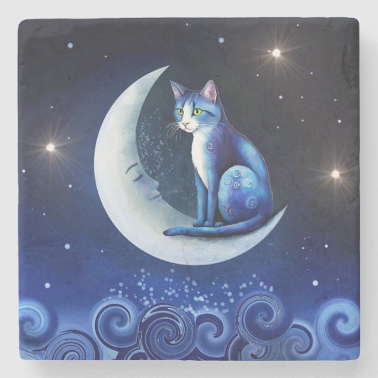 Cat on Crescent Moon blue Cat 773 Steinuntersetzer (Vorderseite)