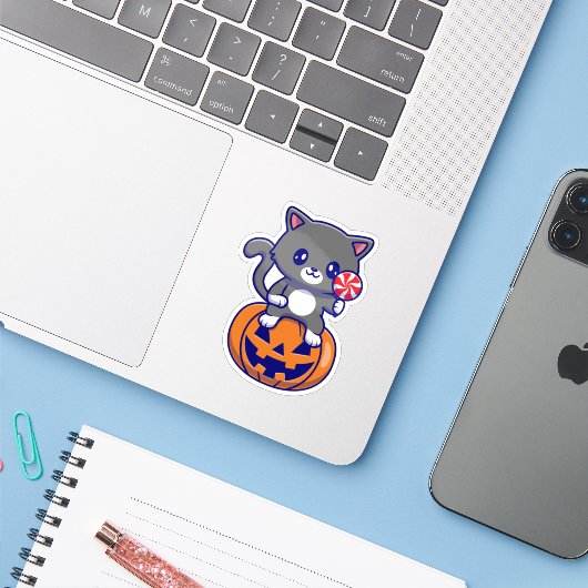 Cat On Pumpkin Sticker (Laptop mit iPhone)