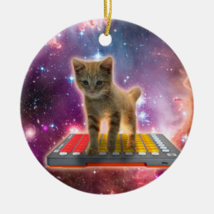 Cat on synthesizers in space keramik ornament
