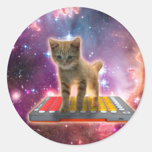 Cat on synthesizers in space runder aufkleber (Vorderseite)