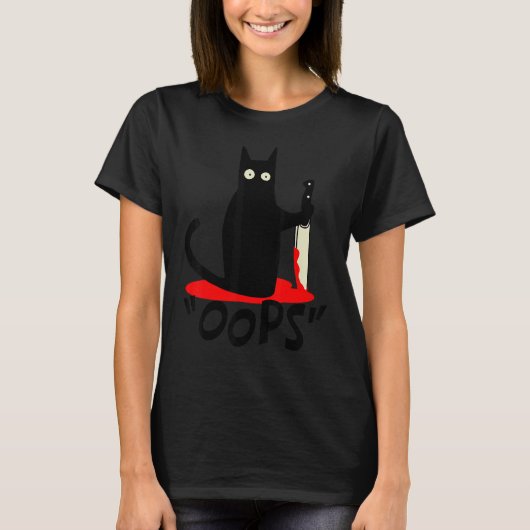 Cat Oops Black Cat Murderous Cat With Knife Hallo T-Shirt (Vorderseite)
