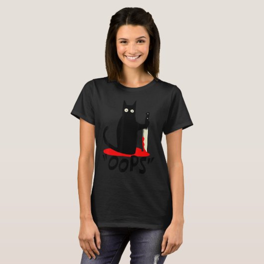 Cat Oops Black Cat Murderous Cat With Knife Hallo T-Shirt (Vorne ganz)