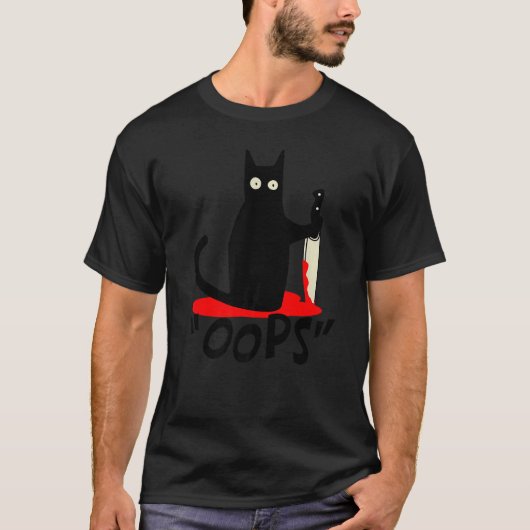 Cat Oops Black Cat Murderous Katze mit Knife Hal T-Shirt (Vorderseite)