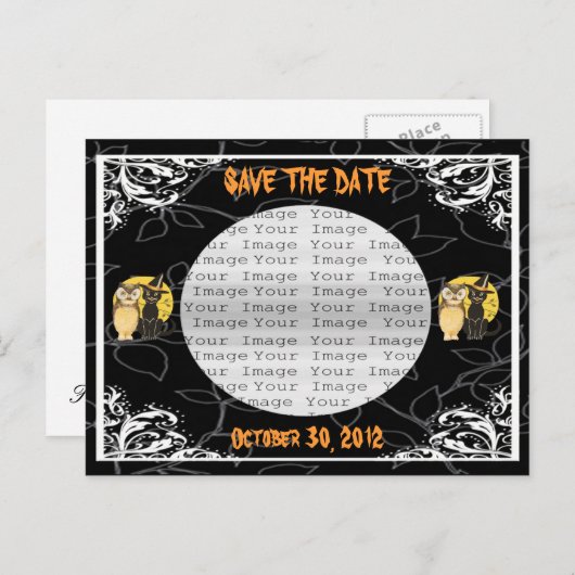 Cat & Owl Halloween Hochzeit Das Datum Postkarte s (Vorne/Hinten)