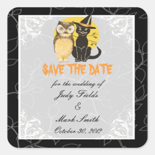 Cat & Owl Halloween Hochzeit Speichern Sie die Dat Quadratischer Aufkleber