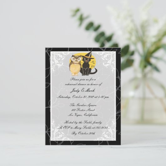 Cat & Owl Halloween Probe Abendessen Einladung (Stehend Vorderseite)
