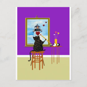 Cat Painting Light House+Hearts Postkarte