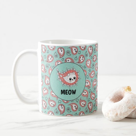 Cat Paisley - Korallen und Minze Kaffeetasse (Mit Donut)