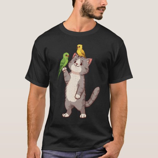 Cat & Parakeets Grafik T-Shirt (Vorderseite)