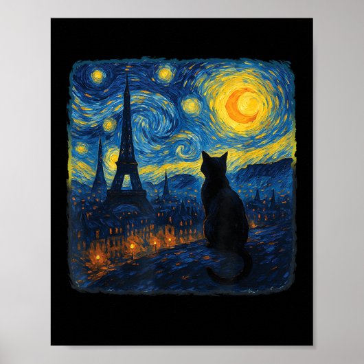 Cat Paris Eiffel Tower Starry Night Van Gogh Inspi Poster (Vorne)