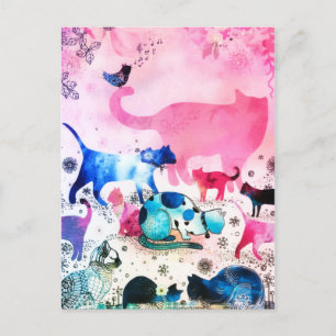 Cat Party House Glitzer Art Pink Watercolor Feiertagspostkarte
