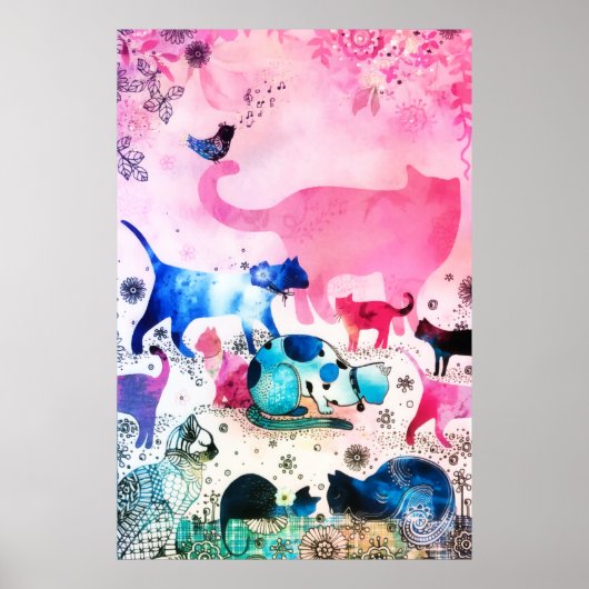 Cat Party House Glitzer Art Pink Watercolor Poster (Vorne)
