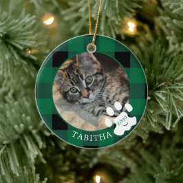 Cat Paw Print Green Buffalo Kariertes Foto Keramik Ornament