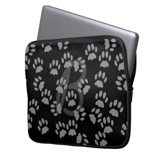 Cat Paw Print Pattern Mit Monogramm Schwarz und Gr Laptopschutzhülle (Vorderseite Links)