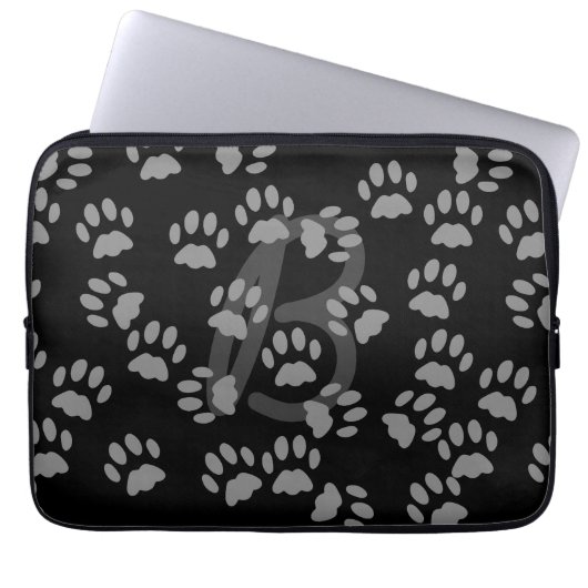 Cat Paw Print Pattern Mit Monogramm Schwarz und Gr Laptopschutzhülle (Vorderseite)