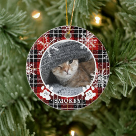 Cat Paw Print Red Snowflake Karierter Foto Name Ja Keramik Ornament