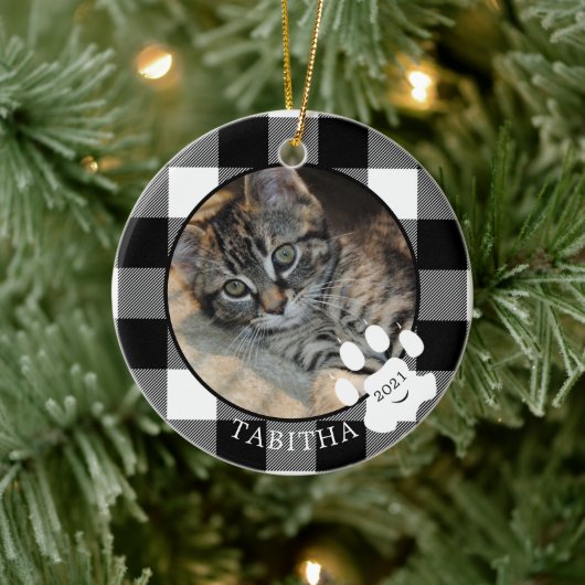 Cat Paw Print Rustic Black Buffalo Kariertes Foto Keramik Ornament (Baum)