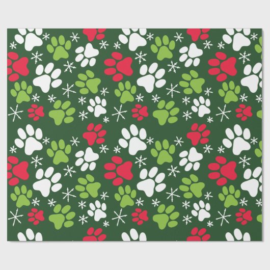 Cat Paw Prints and Snowflakes Red Green Christmas Geschenkpapier (Flach)